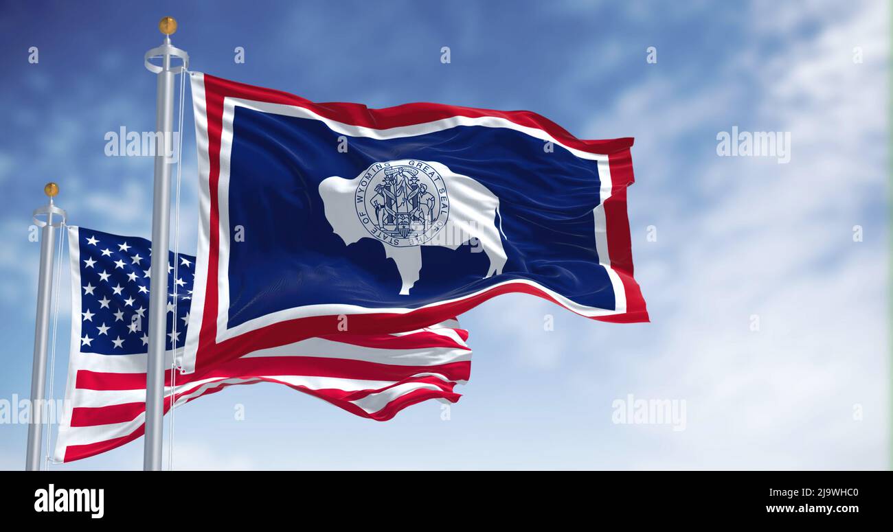 La bandiera dello stato del Wyoming sventola insieme alla bandiera nazionale degli Stati Uniti d'America. Lo stato del Wyoming è una regione della regione della Mountain West Foto Stock