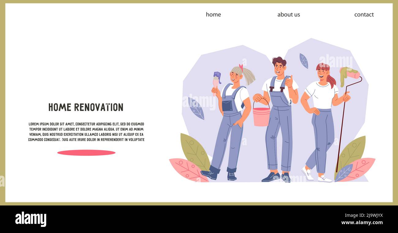 Home ristrutturazione opere sito modello banner con pittori lavoratori personaggi, illustrazione vettoriale piatta. Lavori di pittura domestica e di rinnovamento fanno pubblicità a Illustrazione Vettoriale