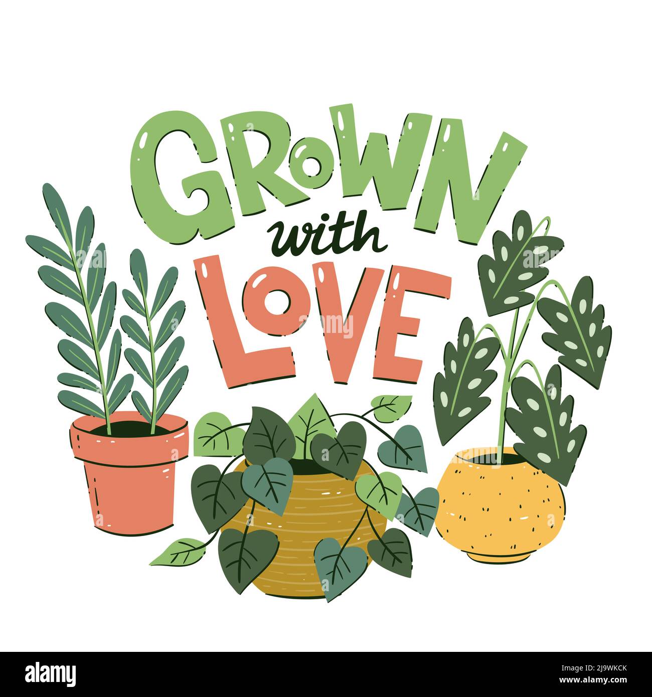 Tre piante e caratteri sfondo 'cresciuto con amore'. Casa piante e pentole. Illustrazione vettoriale disegnata a mano. Illustrazione Vettoriale