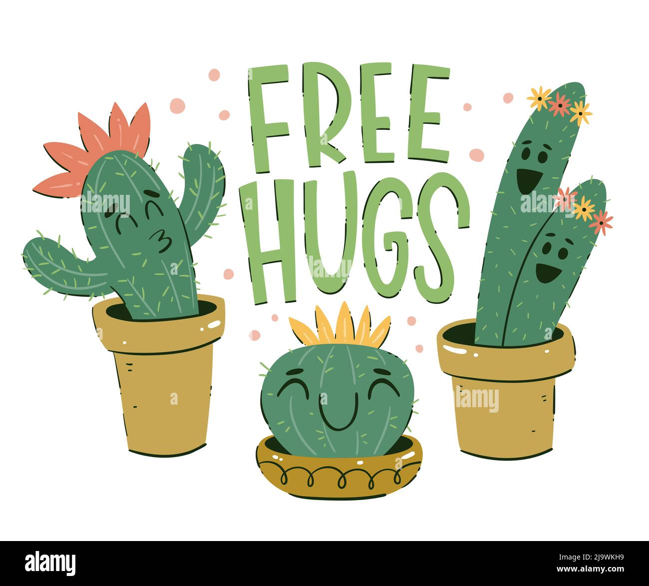 Tre cactus in stile cartoon con scritta 'free hugs'. Casa piante in pentole. Illustrazione divertente. Illustrazione vettoriale disegnata a mano. Illustrazione Vettoriale