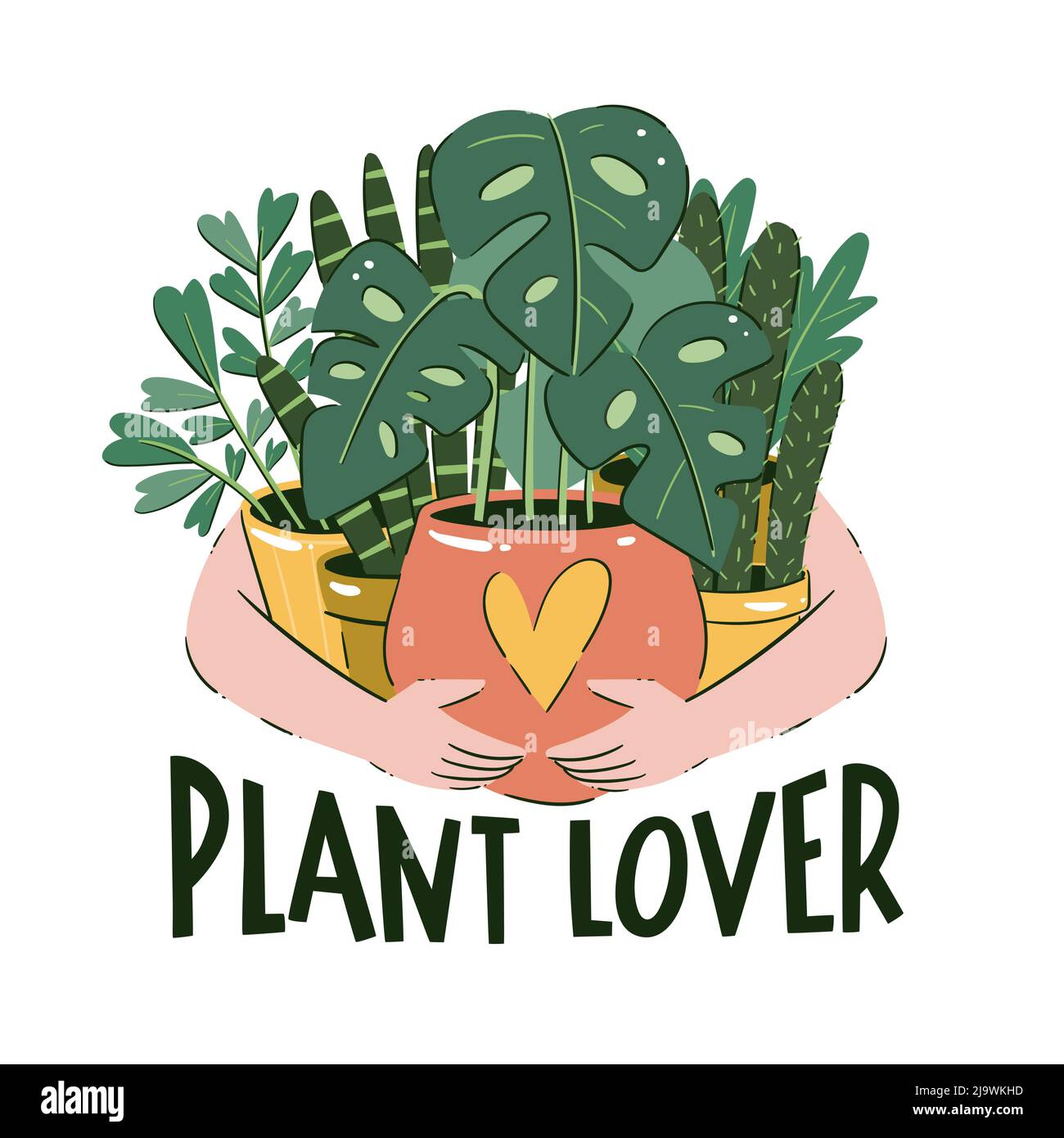 Concetto di amante della pianta. Qualcuno sta tenendo un mazzo di piante di casa nei loro vasi. Illustrazione vettoriale disegnata a mano. Illustrazione Vettoriale