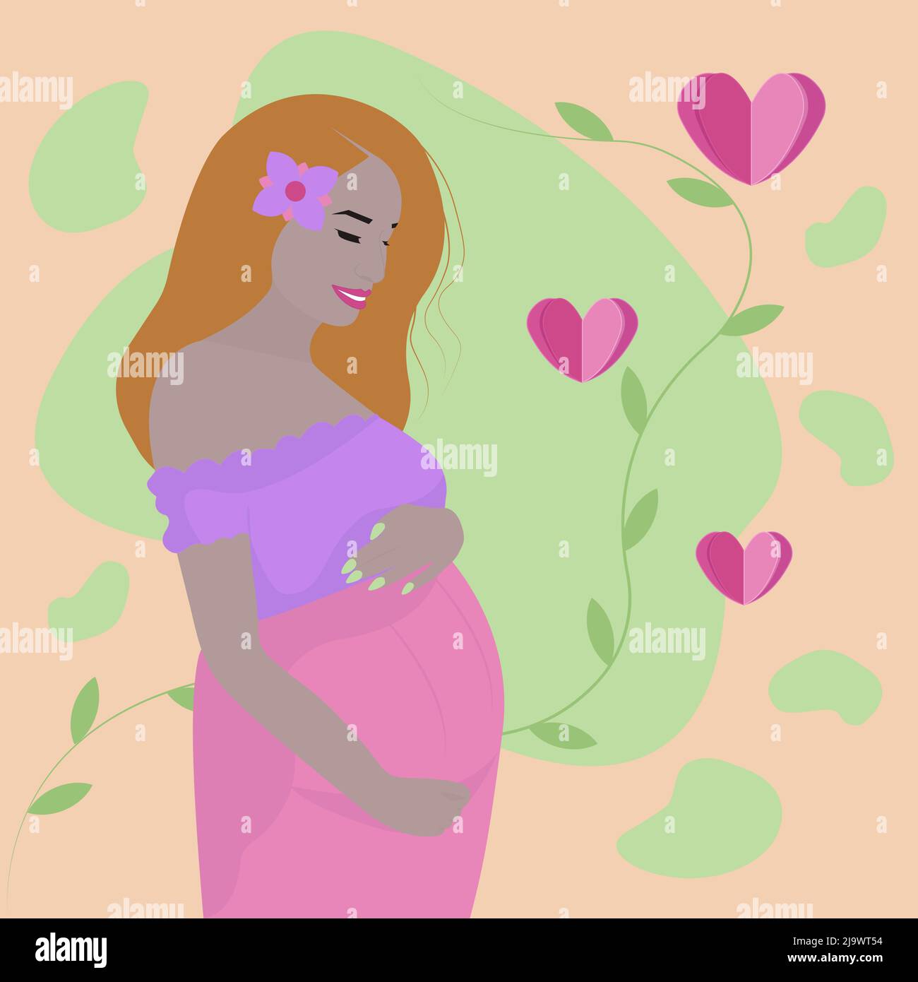 Donna incinta di testa rossa, illustrazione isolata su sfondo bianco Illustrazione Vettoriale