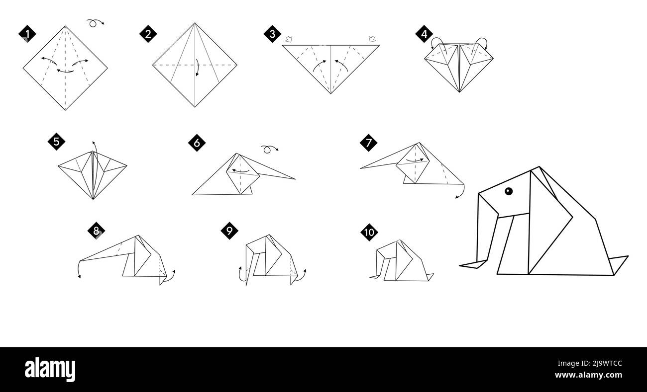 Come fare origami elefante. Istruzioni passo passo monocromatiche in linea nera. Semplice tutorial fai da te per i bambini. Illustrazione Vettoriale