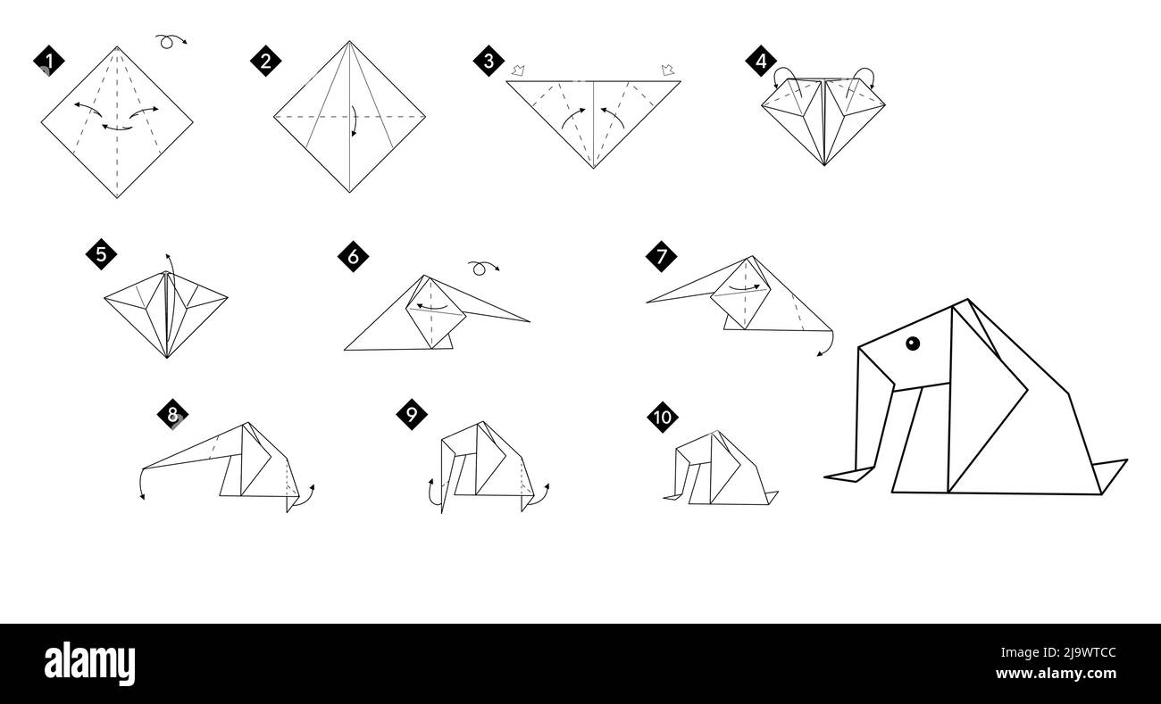 Come fare origami elefante. Istruzioni passo passo monocromatiche in linea nera. Semplice tutorial fai da te per i bambini. Illustrazione Vettoriale