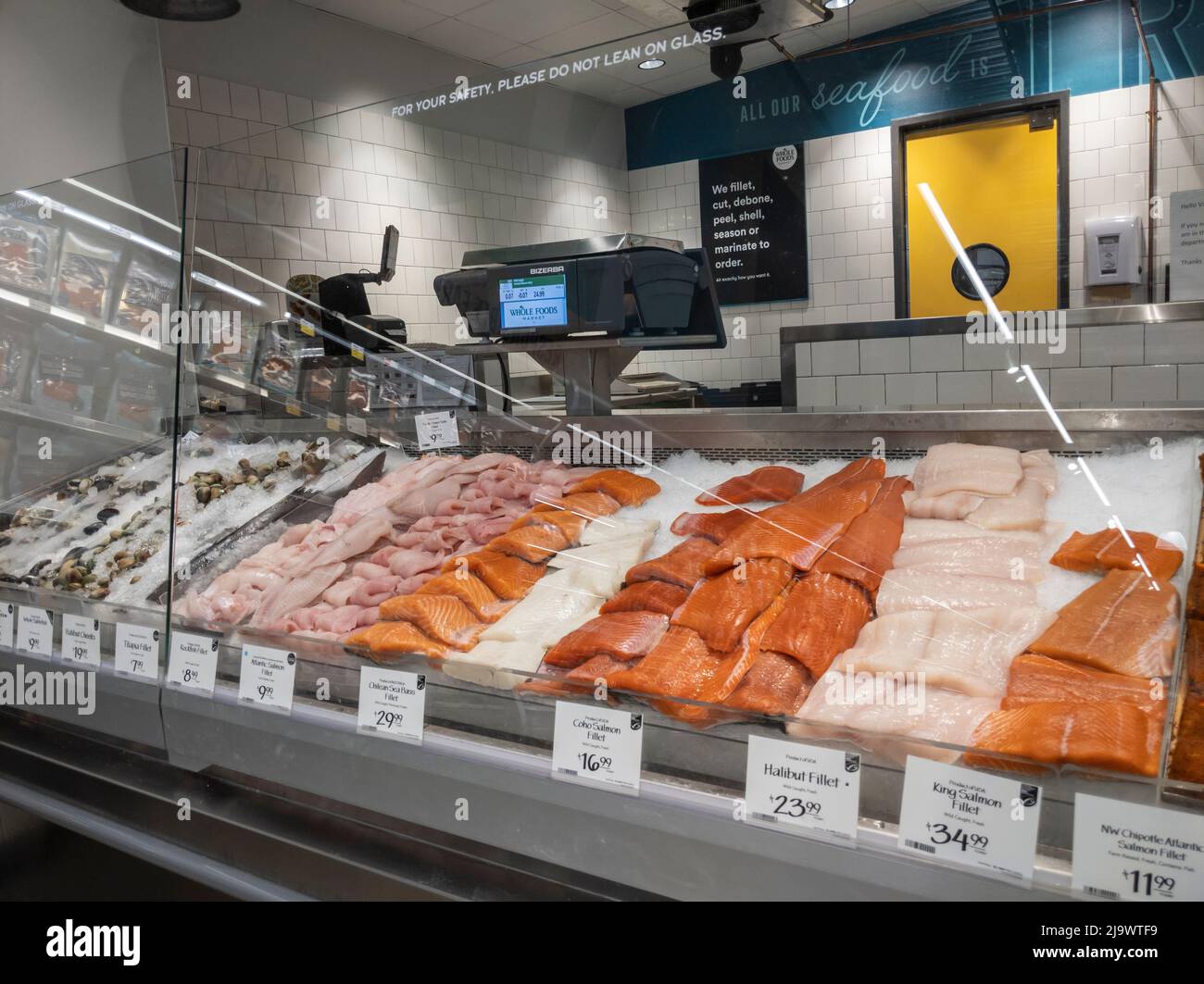 Kirkland, WA USA - circa Settembre 2021: Vista ad angolo di una selezione di pesce in vendita all'interno del reparto frutti di mare in un intero mercato di cibi. Foto Stock Kirkland, WA USA - circa Settembre 2021: Vista ad angolo di una selezione di pesce in vendita all'interno del reparto frutti di mare in un intero mercato di cibi. Foto Stock