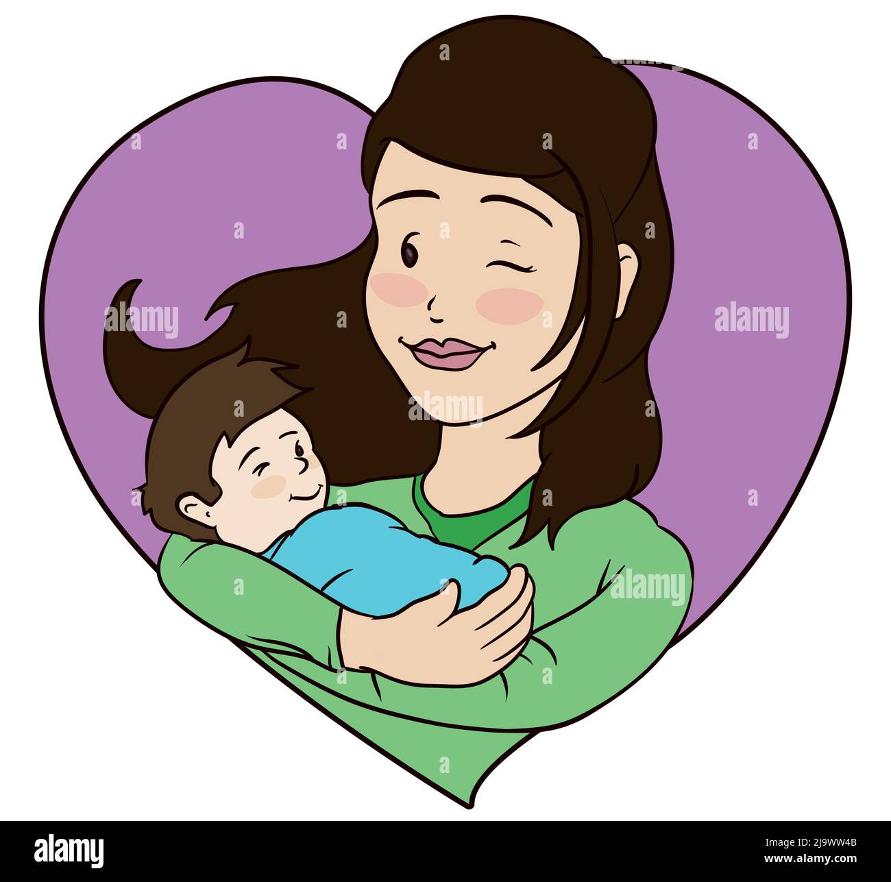 Bella mamma con capelli lunghi, che porta il suo bambino in braccia, che ti avvolti all'interno di un telaio a forma di cuore rosa. Illustrazione Vettoriale