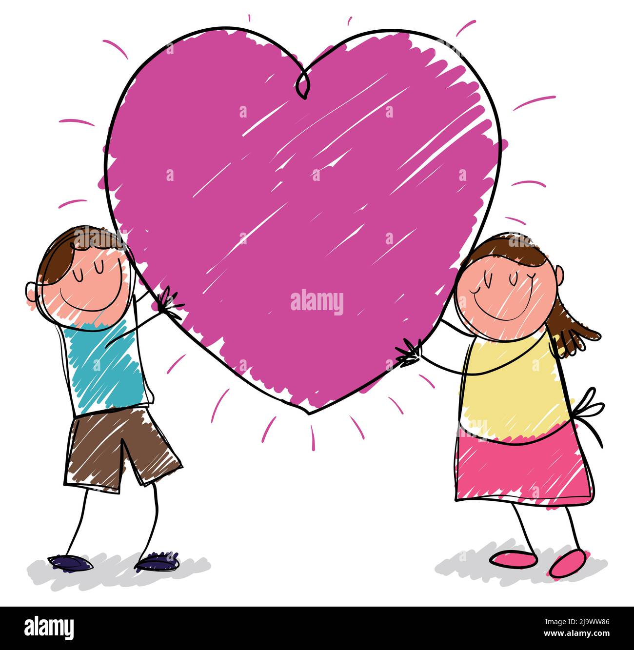 Fratelli di coppia che si esprimono l'amore fraterno, abbracciando un grande cuore rosa. Design in stile infantile. Illustrazione Vettoriale