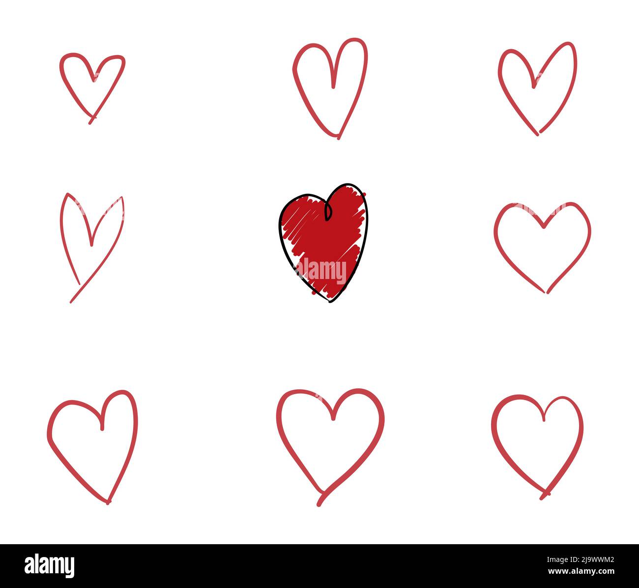 Doodle Set di diverse forme di cuore in contorni e uno colorato in rosso. Illustrazione Vettoriale