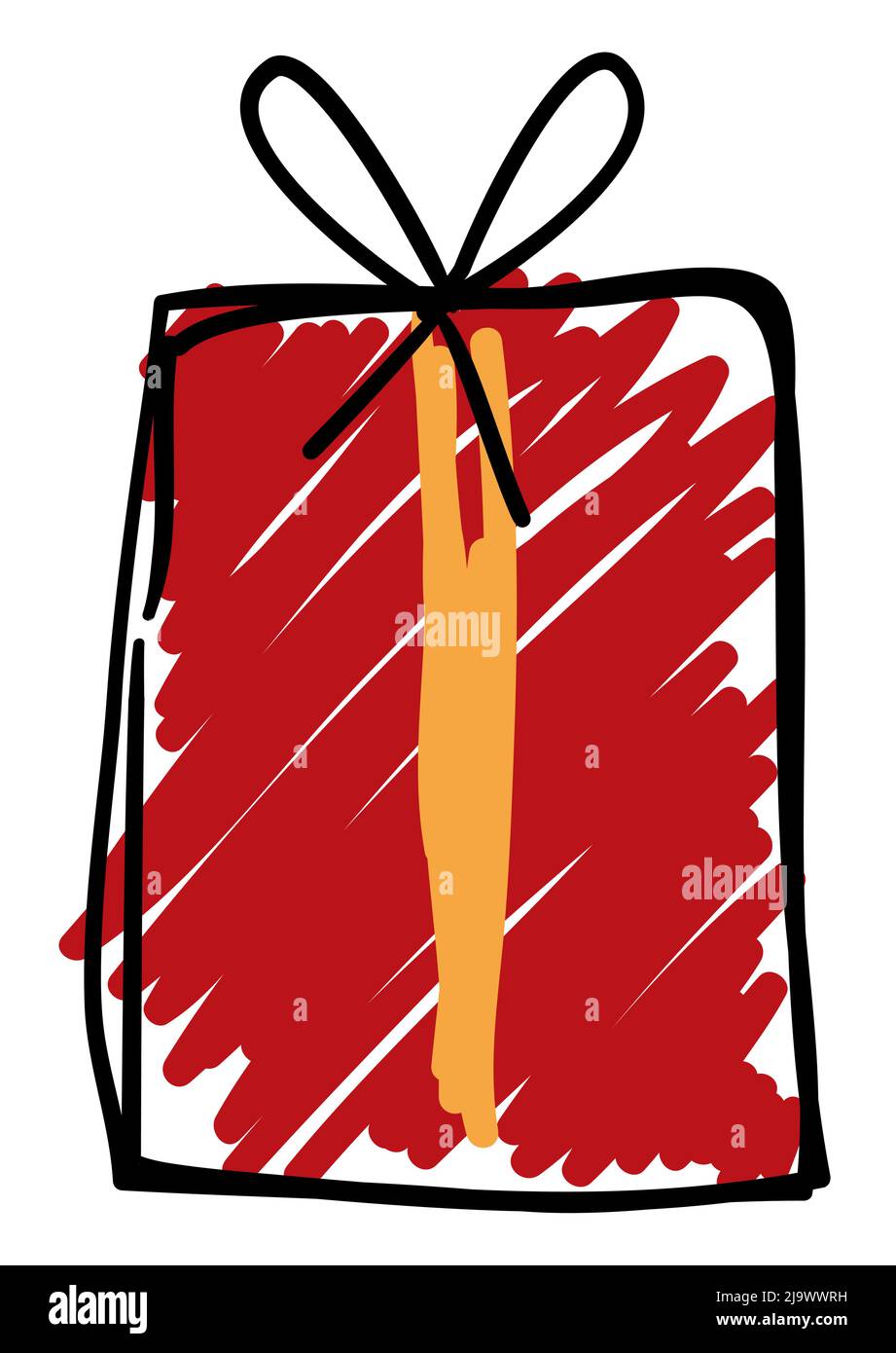 Confezione regalo in stile doodle, colorata con pennarello rosso e giallo. Illustrazione Vettoriale