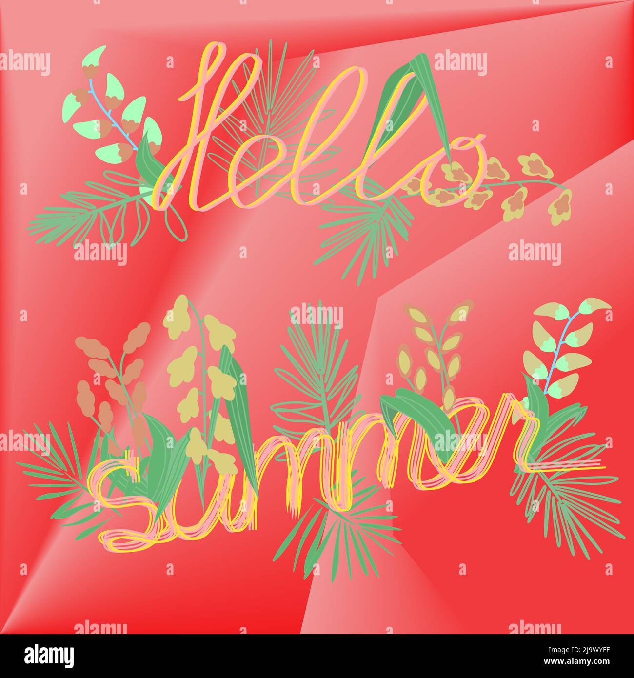 banner ciao estate su uno sfondo rosso foglie tropicali Illustrazione Vettoriale