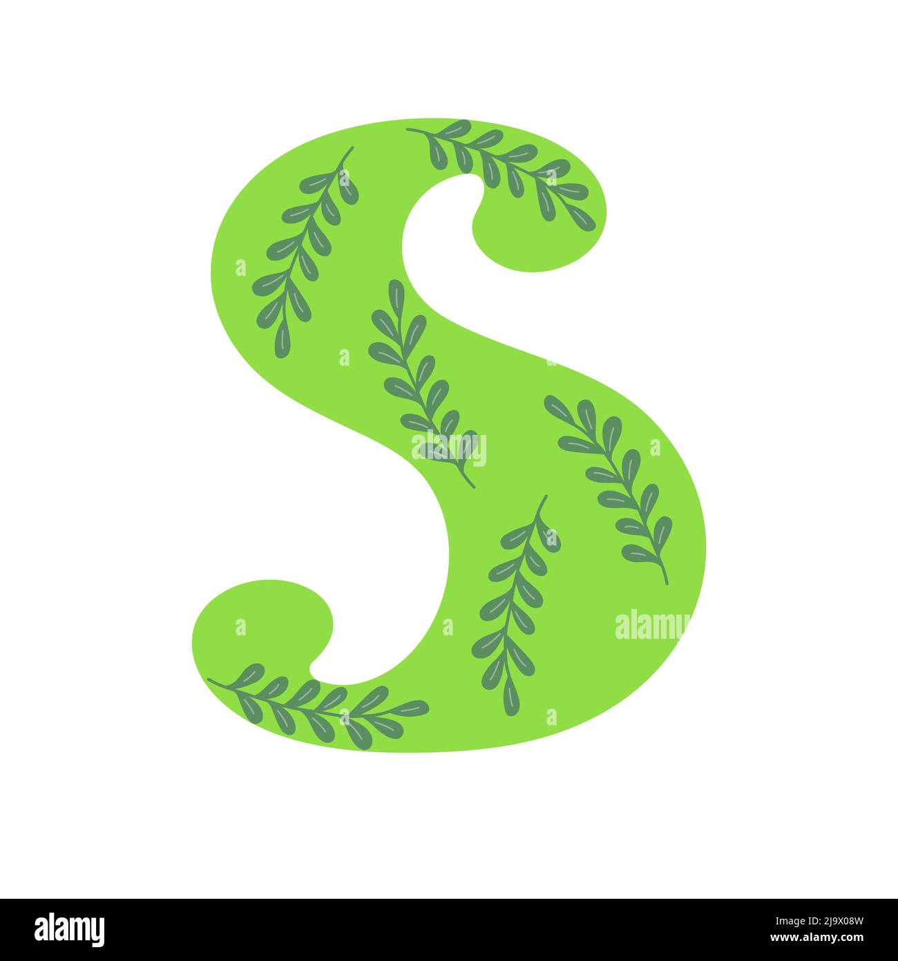 Maiuscolo verde luminoso decorato con fiori primavera lettera disegnata a mano S di alfabeto inglese semplice cartoon stile illustrazione vettoriale, calligrafica abc, carino divertente scrittura a mano, scarabeo e lettere Illustrazione Vettoriale