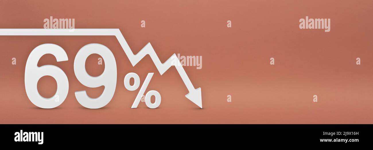 sessantanove per cento, la freccia sul grafico è rivolta verso il basso. Crollo del mercato azionario, mercato dell'orso, crollo inflation.Economic, crollo delle azioni.3D Foto Stock