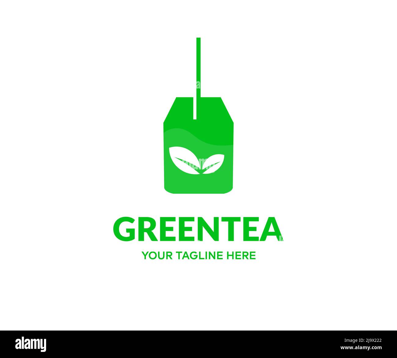 Tè verde cinese, foglie di tè verde fresco e logo secco. Sano disegno e illustrazione del vettore del tè verde caldo. Illustrazione Vettoriale