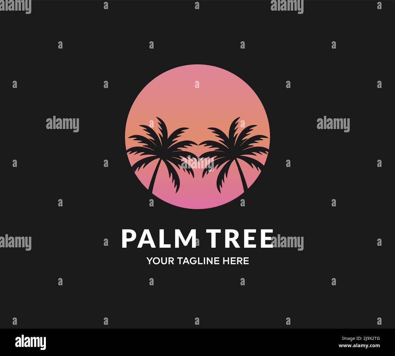 Palme contro un sole gradiente. Contorni di palme tropicali al tramonto, disegno vettoriale di Miami e illustrazione. Progettazione di opuscoli pubblicitari. Illustrazione Vettoriale