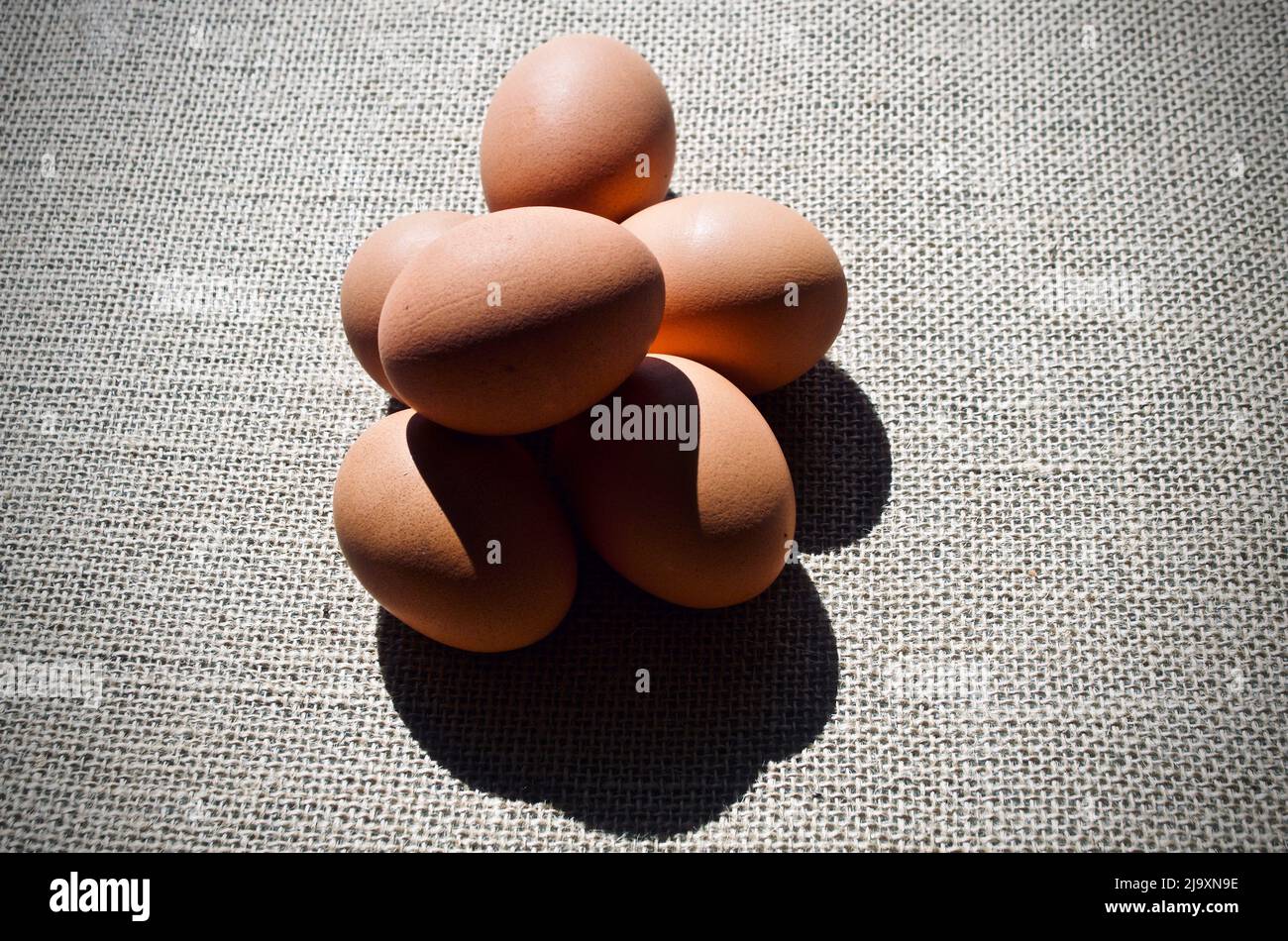 Uova su sacco marrone su sfondo scuro Foto Stock