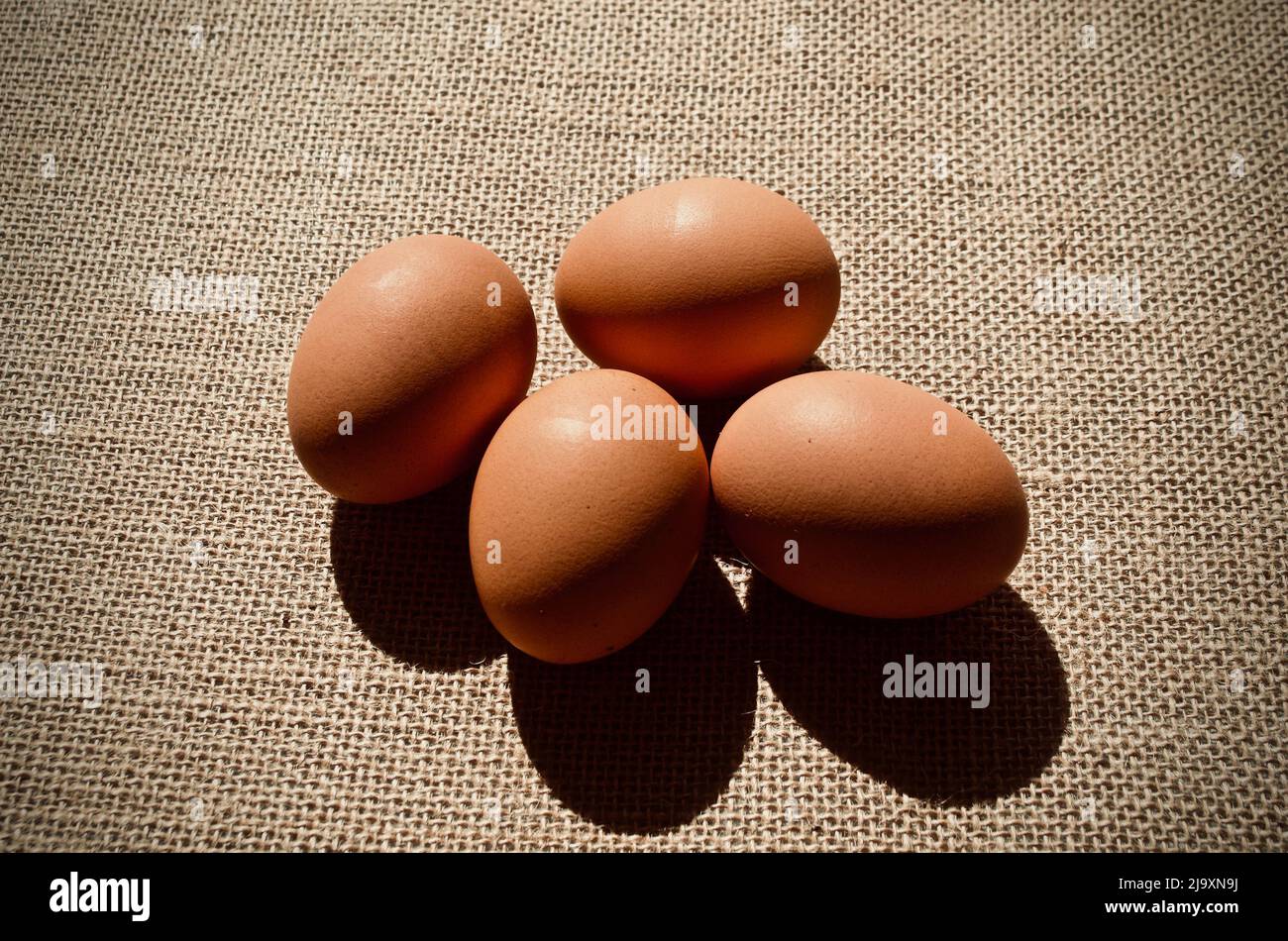 Uova su sacco marrone su sfondo scuro Foto Stock