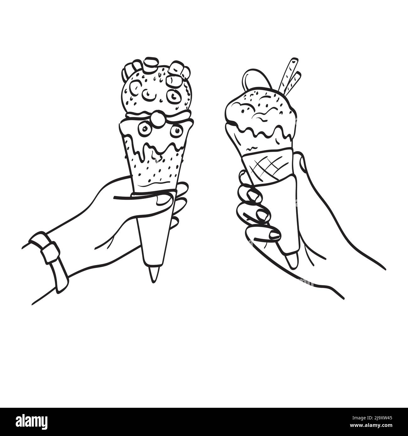 primo piano mani che tengono fondente gelato cialda cono illustrazione vettore disegnato a mano isolato su sfondo bianco art. Illustrazione Vettoriale