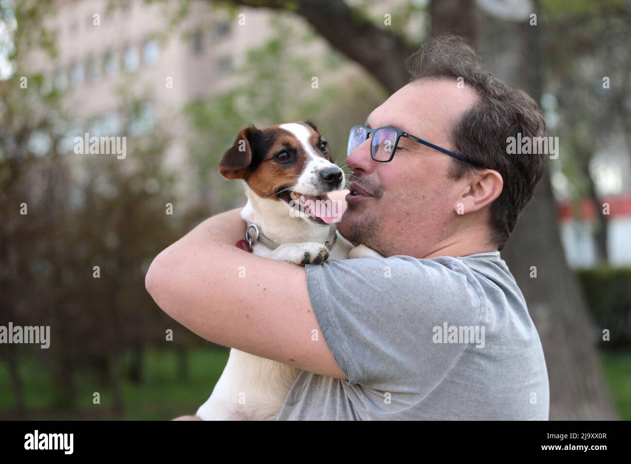 Positivo non rasato, non pettinato più taglia uomo con jack russell cucciolo nelle sue braccia Foto Stock