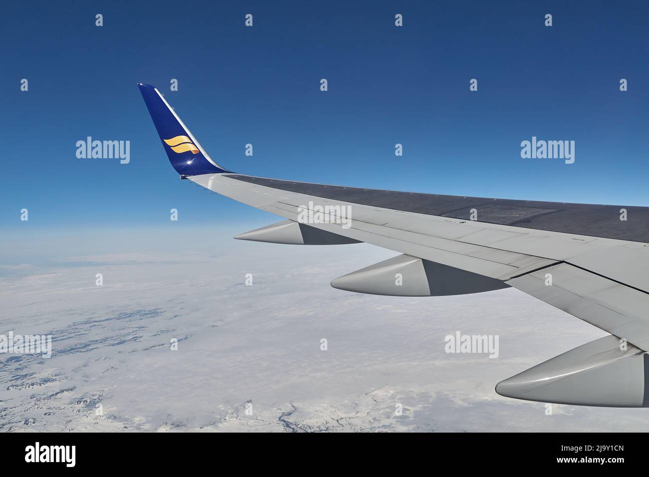 Volando su un aereo, vista su ala Foto Stock