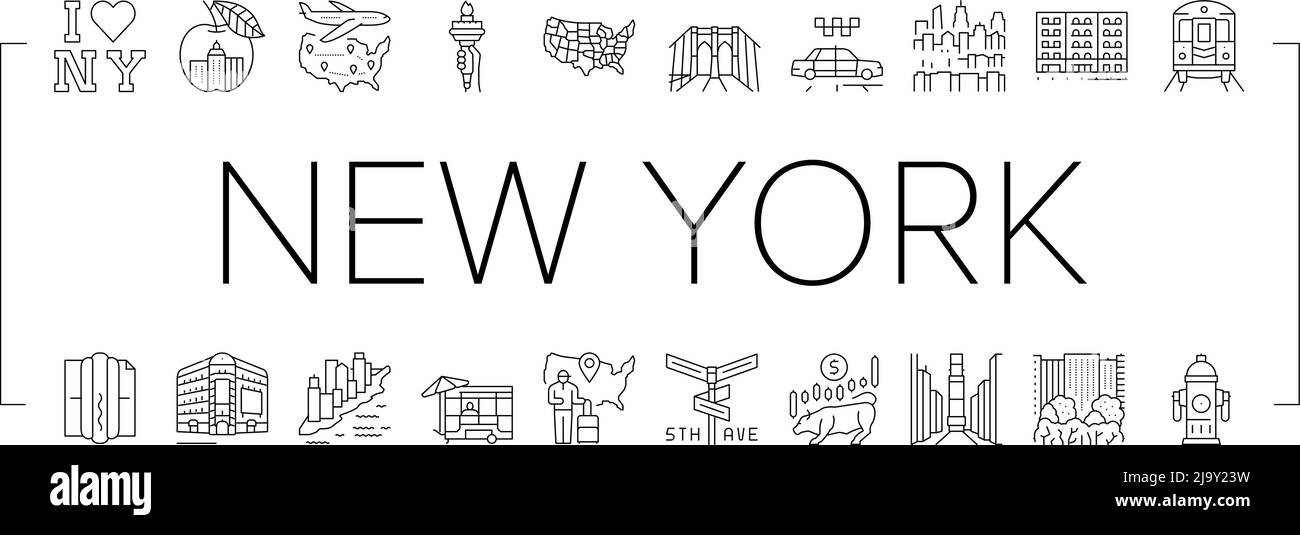 New York American City Landmarks icone Set Vector Illustrazione Vettoriale