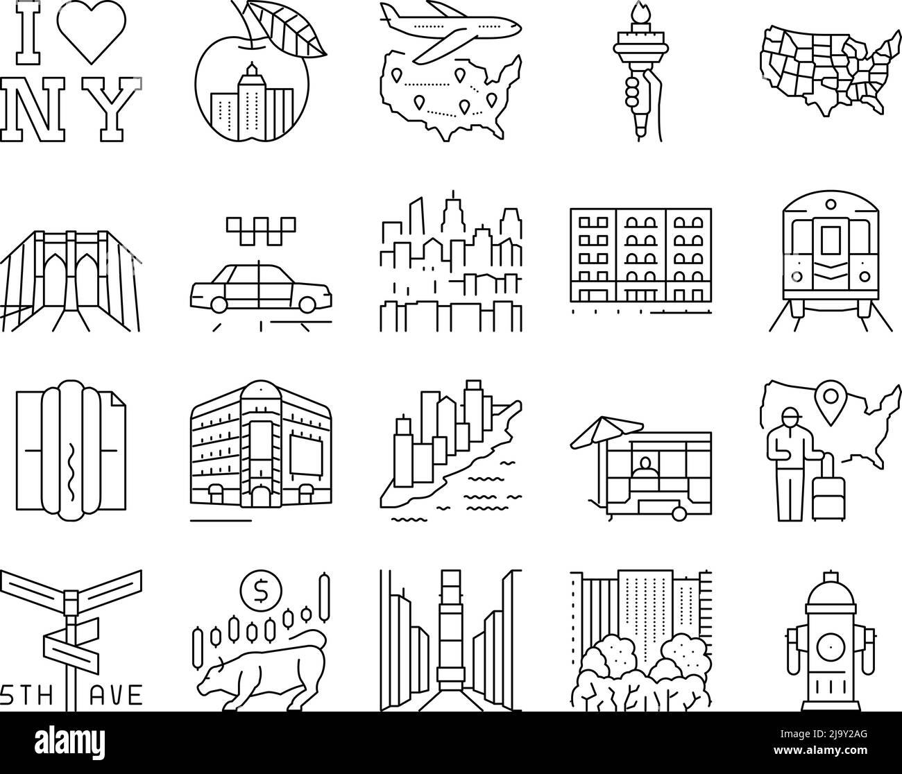 New York American City Landmarks icone Set Vector Illustrazione Vettoriale
