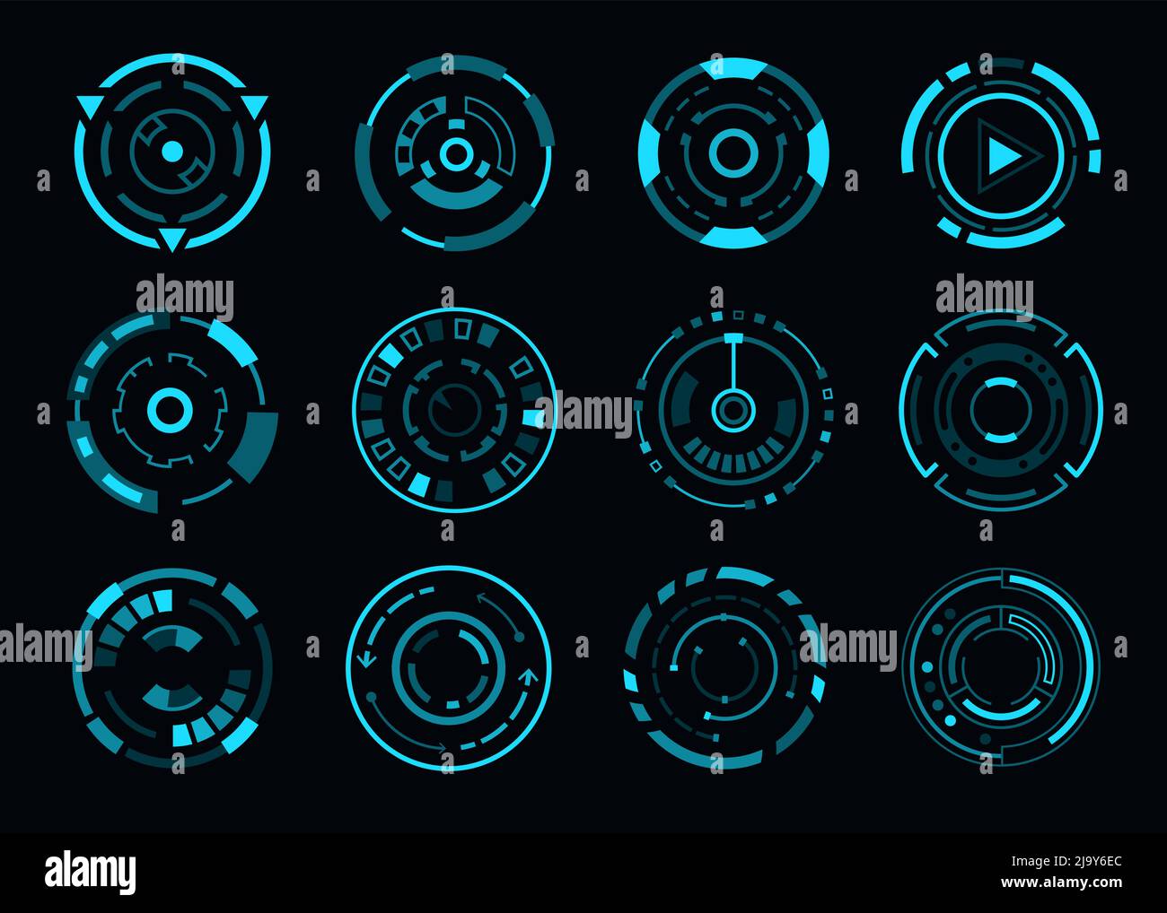 HUD futuristico AIM Control, target o interfaccia di navigazione, quadranti del cruscotto vettoriale. Mirino HUD, mirino di puntamento o cecchino e radar o oscilloscopi, comando di navigazione al neon blu e pulsanti del cruscotto Illustrazione Vettoriale