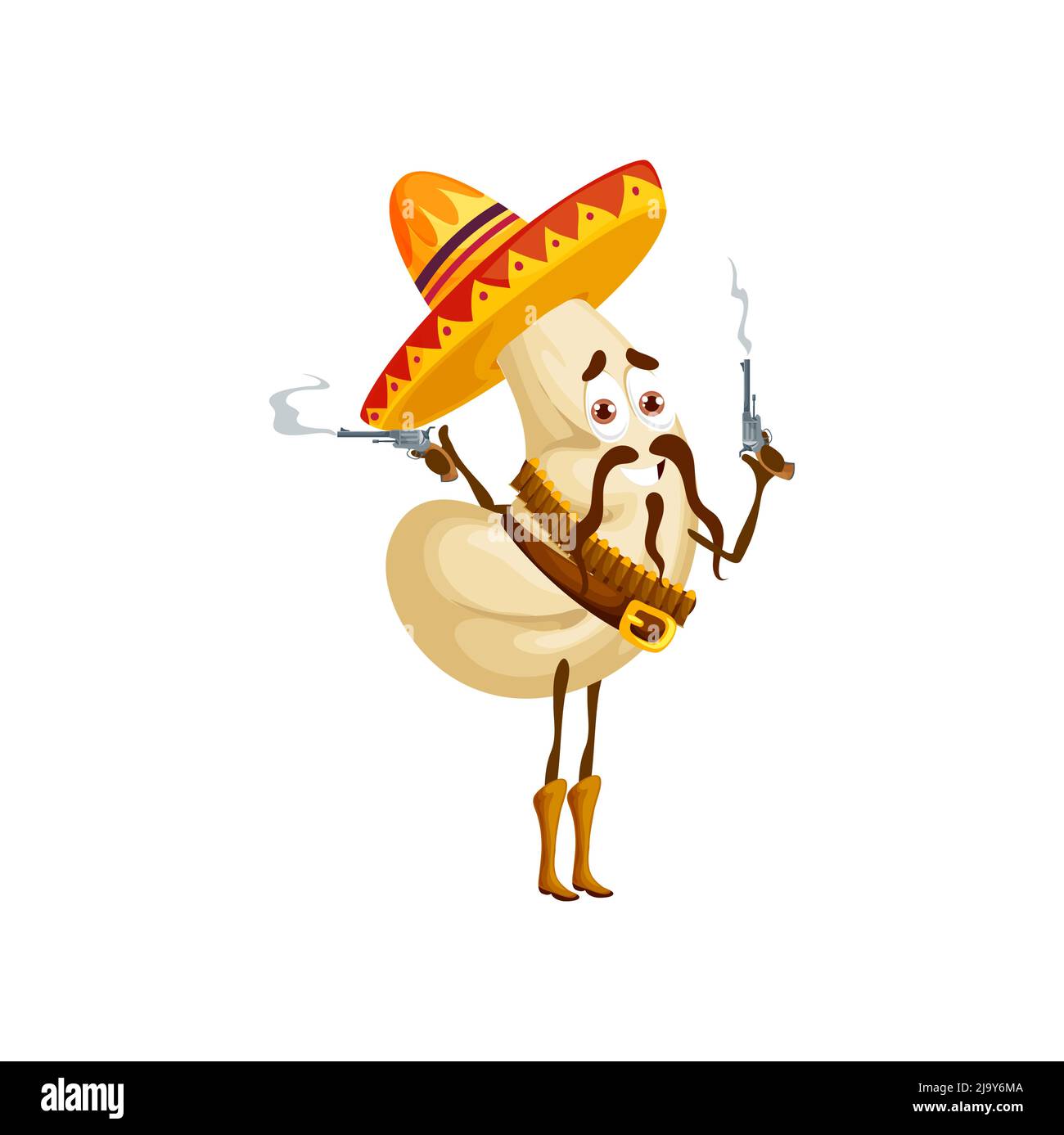Cartoon cashew personaggio cowboy messicano. Vector Nut Bandit indossare cappello sombrero sparare con pistole. Nocciolo di ladro avventuroso con pistole a vapore. Ranger occidentale selvaggio, personaggio occidentale Illustrazione Vettoriale