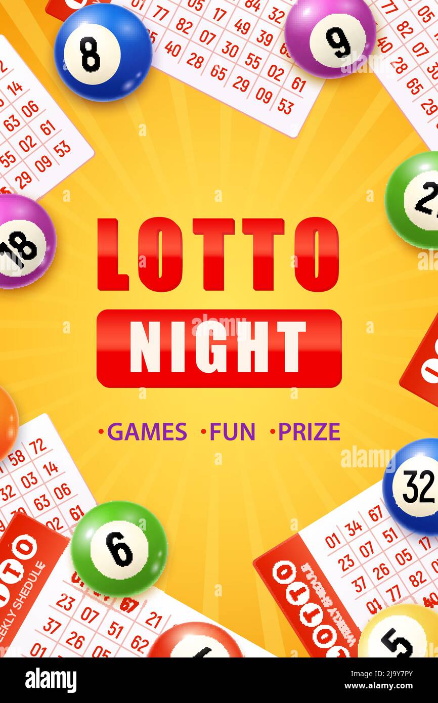 Serata Lotto poster verticale realistico con biglietti per il bingo e palline illustrazione vettoriale Illustrazione Vettoriale