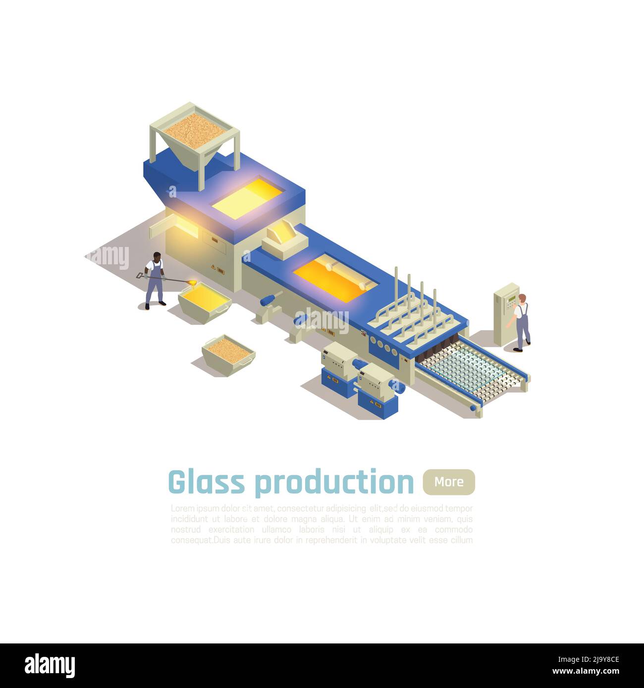 Moderna fabbrica di contenitori in vetro linea di produzione finale calda composizione isometrica con sistema di lavorazione a lotti di forno illustrazione vettoriale Illustrazione Vettoriale