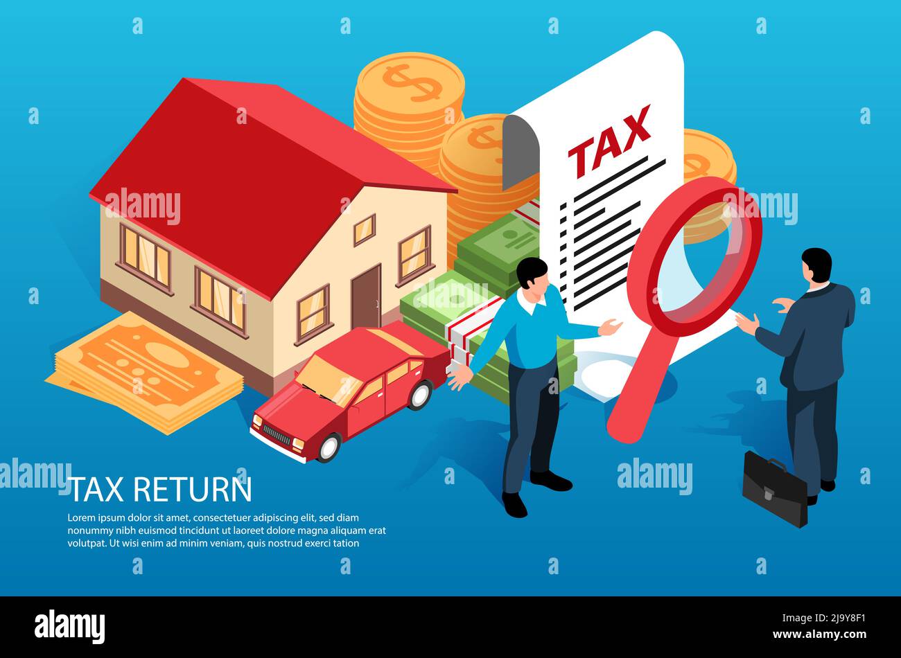 L'autorità fiscale esamina la dichiarazione di reddito del proprietario dell'automobile della casa di affari con la lente d'ingrandimento grande illustrazione isometrica del vettore di composizione Illustrazione Vettoriale