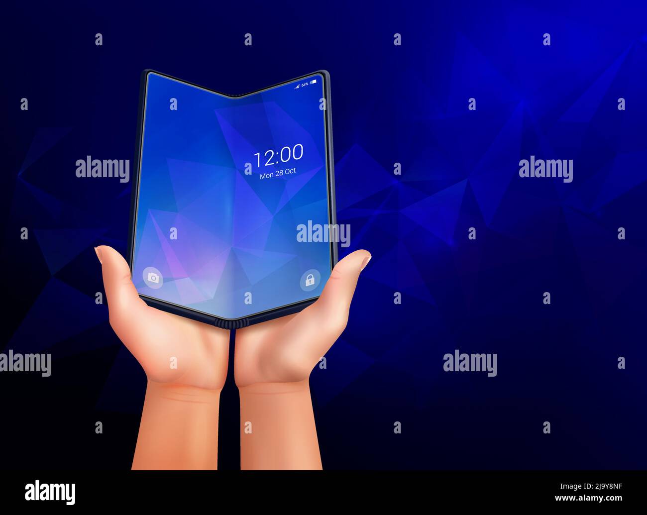 Composizione realistica dello smartphone pieghevole con sfondo blu scuro e telefono aperto in figura vettoriale a mani umane Illustrazione Vettoriale