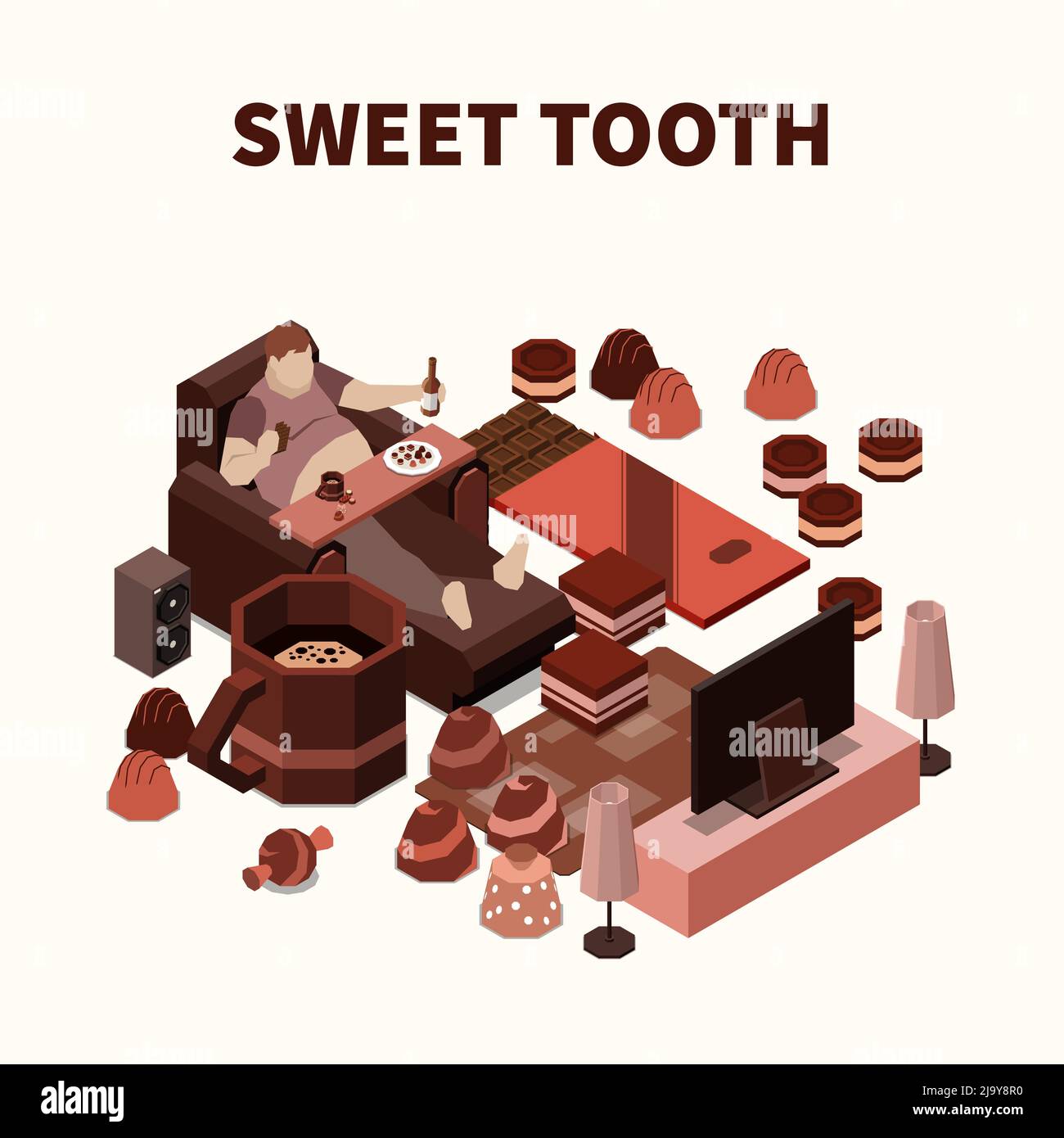 Dolce dente sfondo isomerico con uomo grasso mangiare dolci e produzione di cioccolato illustrazione vettoriale Illustrazione Vettoriale