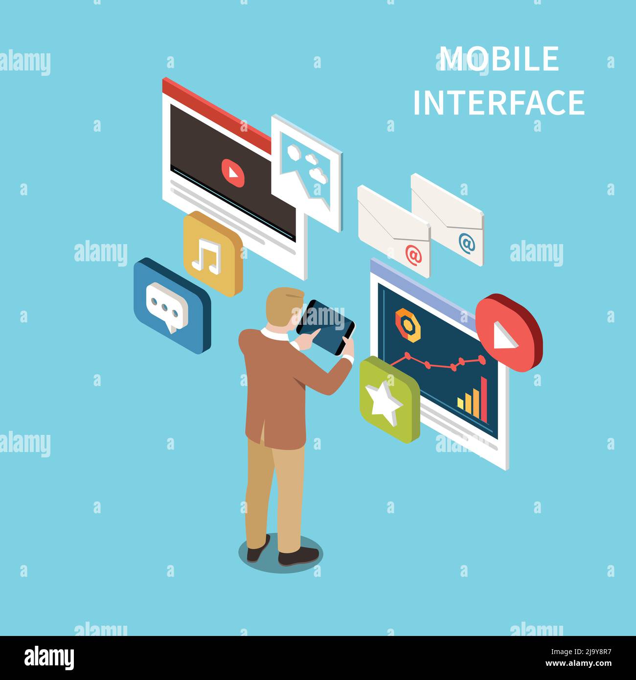 Interfaccia mobile sfondo isometrico con segni di applicazione dei social media ed elementi di progettazione illustrazione vettoriale Illustrazione Vettoriale