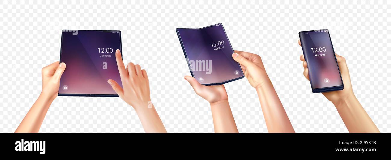 Smartphone pieghevole set di immagini realistiche con vari fucili di mani umane tenere pieghevole touchscreen telefono cellulare illustrazione vettoriale Illustrazione Vettoriale