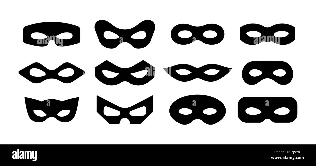 Maschera supereroe carnevale o scammer villain vettore icona set. Illustrazione Vettoriale