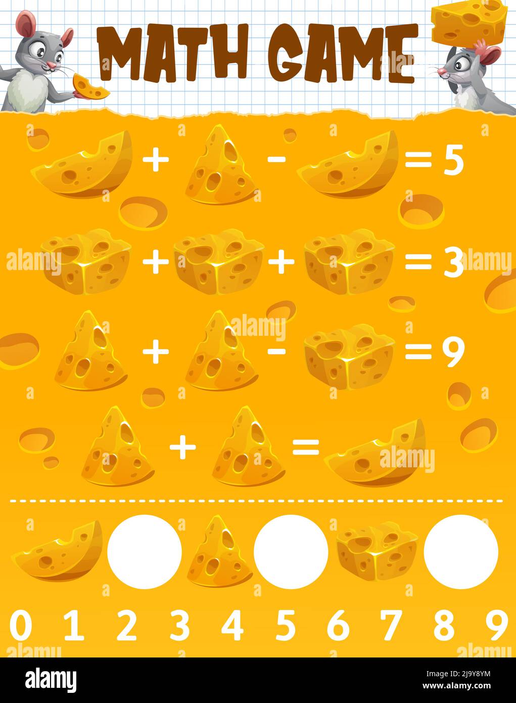 Cartoon maasdam formaggio, mouse e ratti personaggi matematica foglio di lavoro gioco. Vector riddle per i bambini aggiunta e sottrazione abilità di sviluppo. Istruzione matematica puzzle labirinto con divertente topi giocare Illustrazione Vettoriale