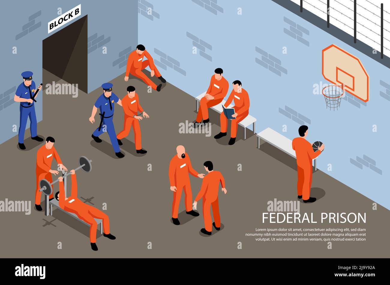 Prigione federale sfondo isometrico con detenuti impegnati in esercizi fisici in sala sportiva sotto supervisione guardie illustrazione vettoriale Illustrazione Vettoriale