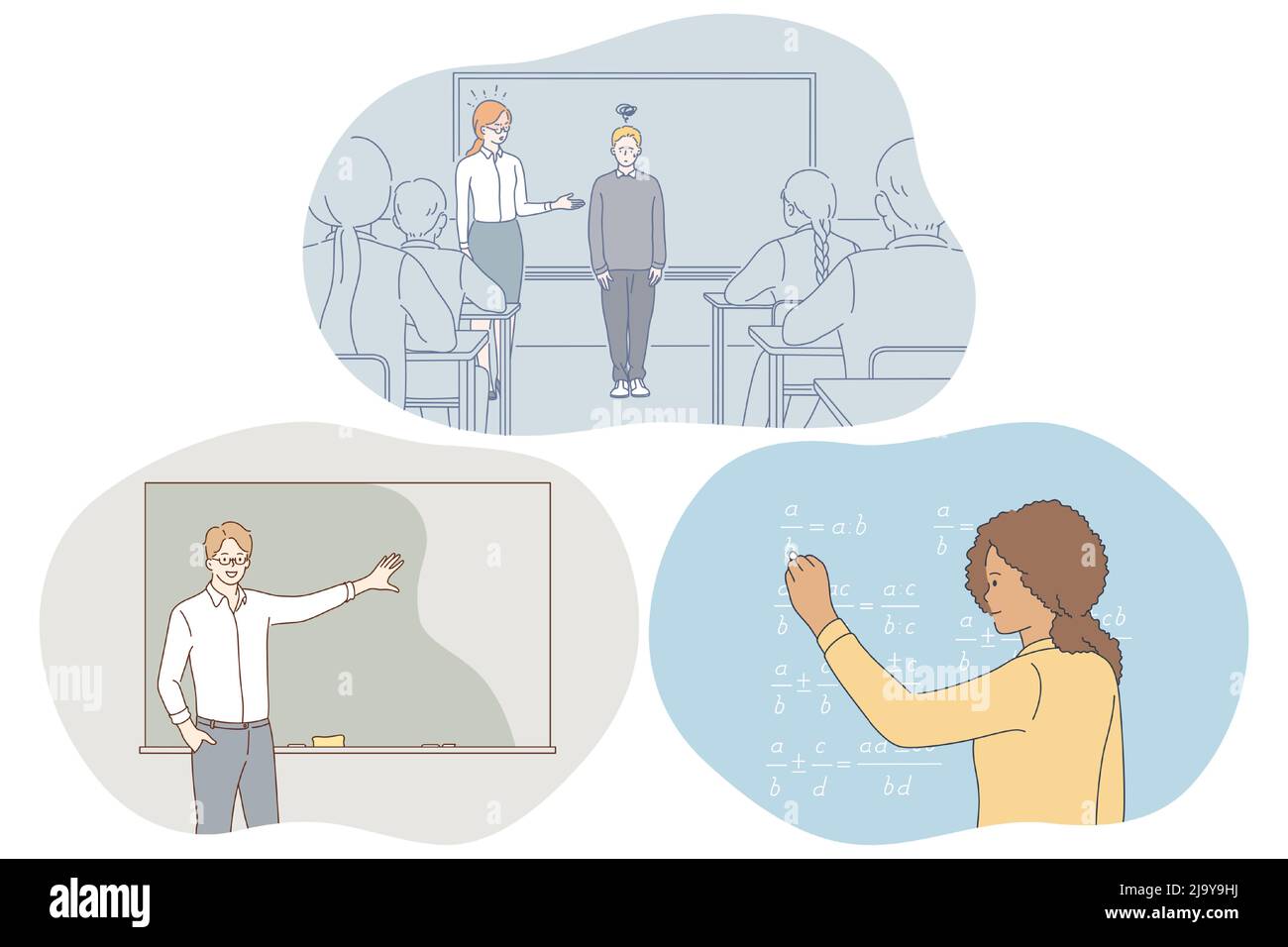 Studiare a scuola, allievo, concetto di insegnante. Insegnante che introduce nuovo allievo ai compagni di classe, insegnante che spiega le informazioni, ragazza studente risolvere compito in lavagna a illustrazione della scuola Illustrazione Vettoriale