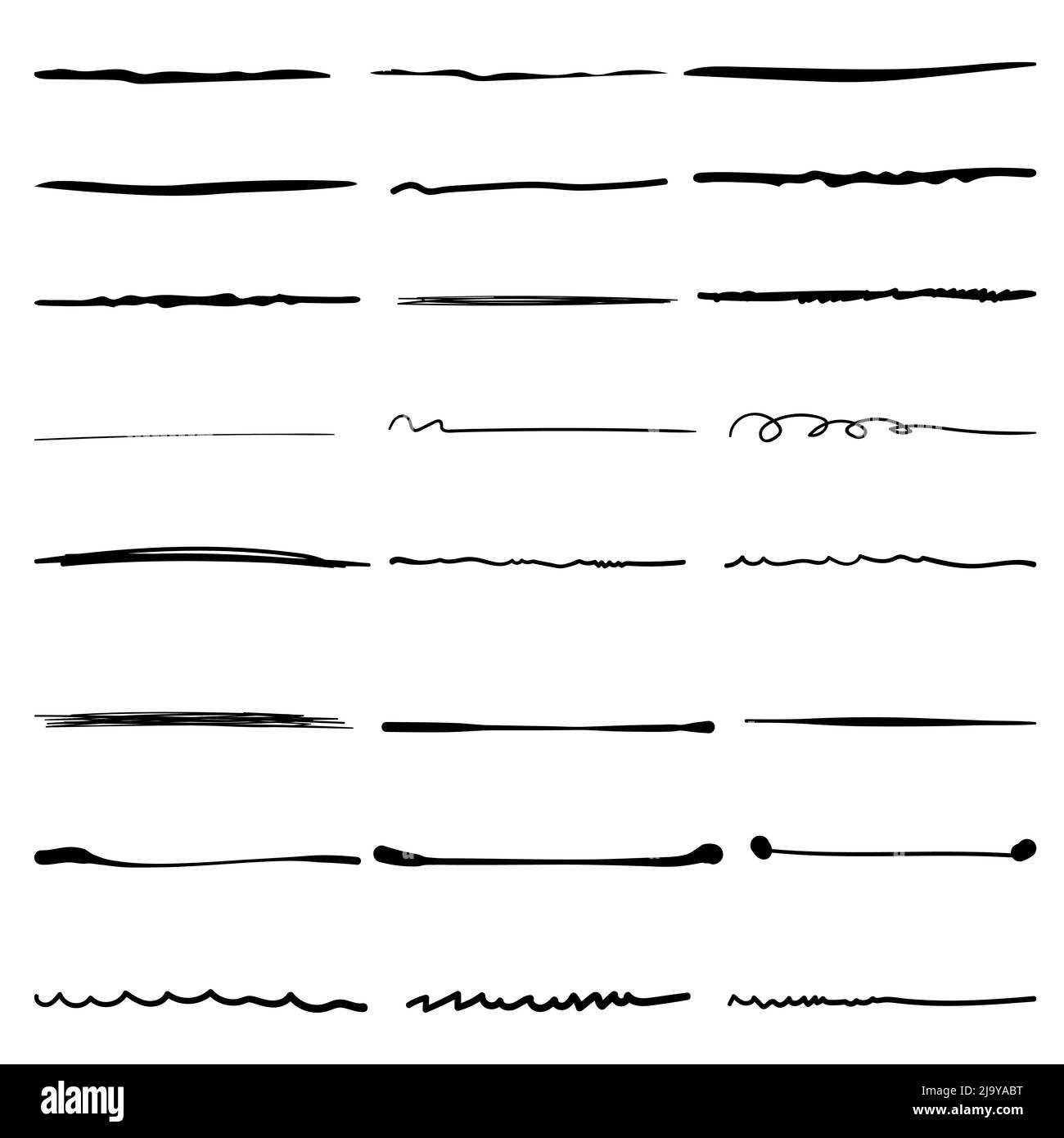Raccolta di linee disegnate a mano, linee di pennello, pennellate, sottolineature, varie forme di stile doodle, illustrazione vettoriale. Illustrazione Vettoriale