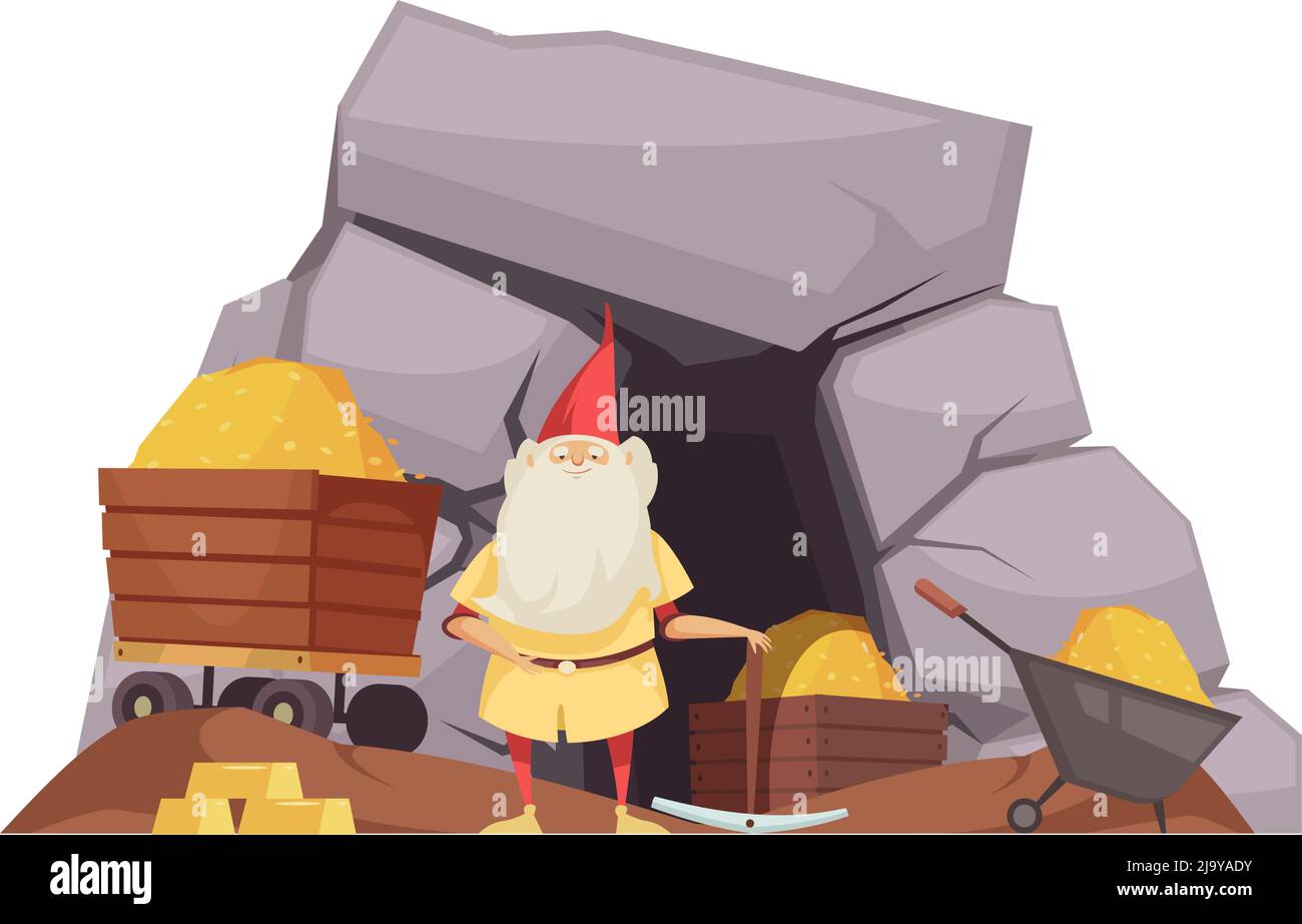 Composizione fiabesca con carattere di nana vicino all'ingresso della miniera e minecart piena di illustrazione vettoriale d'oro Illustrazione Vettoriale