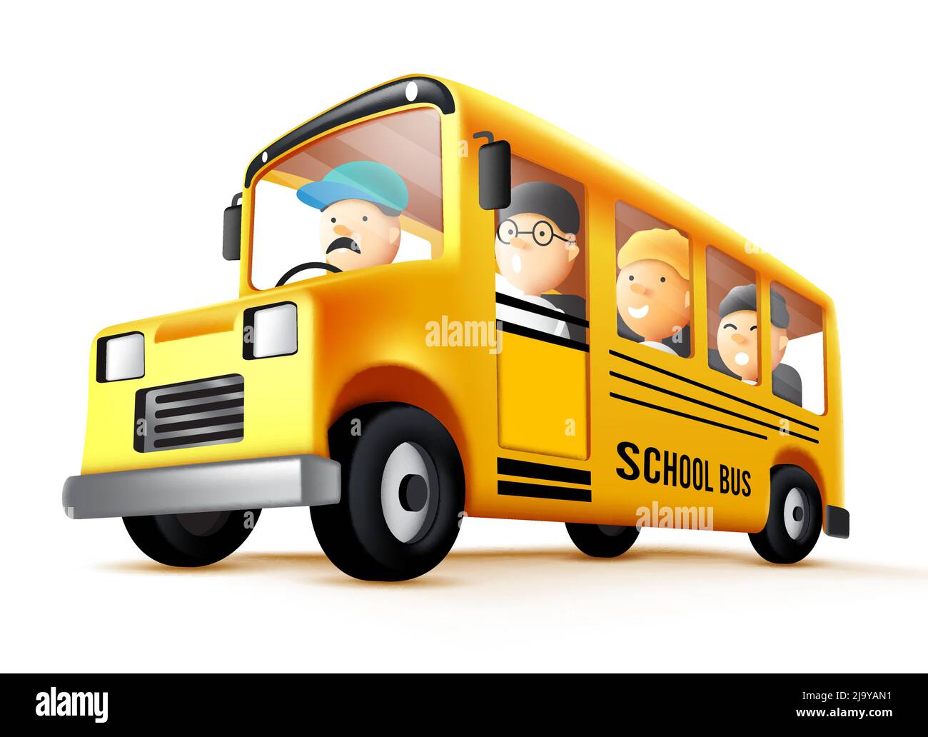 Progettazione vettoriale di bus scolastico. Veicolo di autobus scolastico con studenti di equitazione e personaggi del conducente per il viaggio di ritorno a scuola. Illustrazione vettoriale. Illustrazione Vettoriale