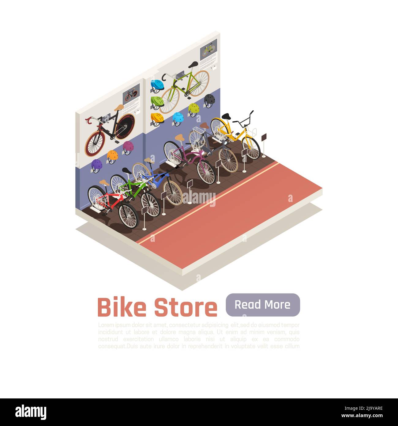 Composizione isometrica del negozio di biciclette con diversi modelli di cartelli dei prezzi delle biciclette e poster informativi sull'illustrazione vettoriale delle pareti Illustrazione Vettoriale