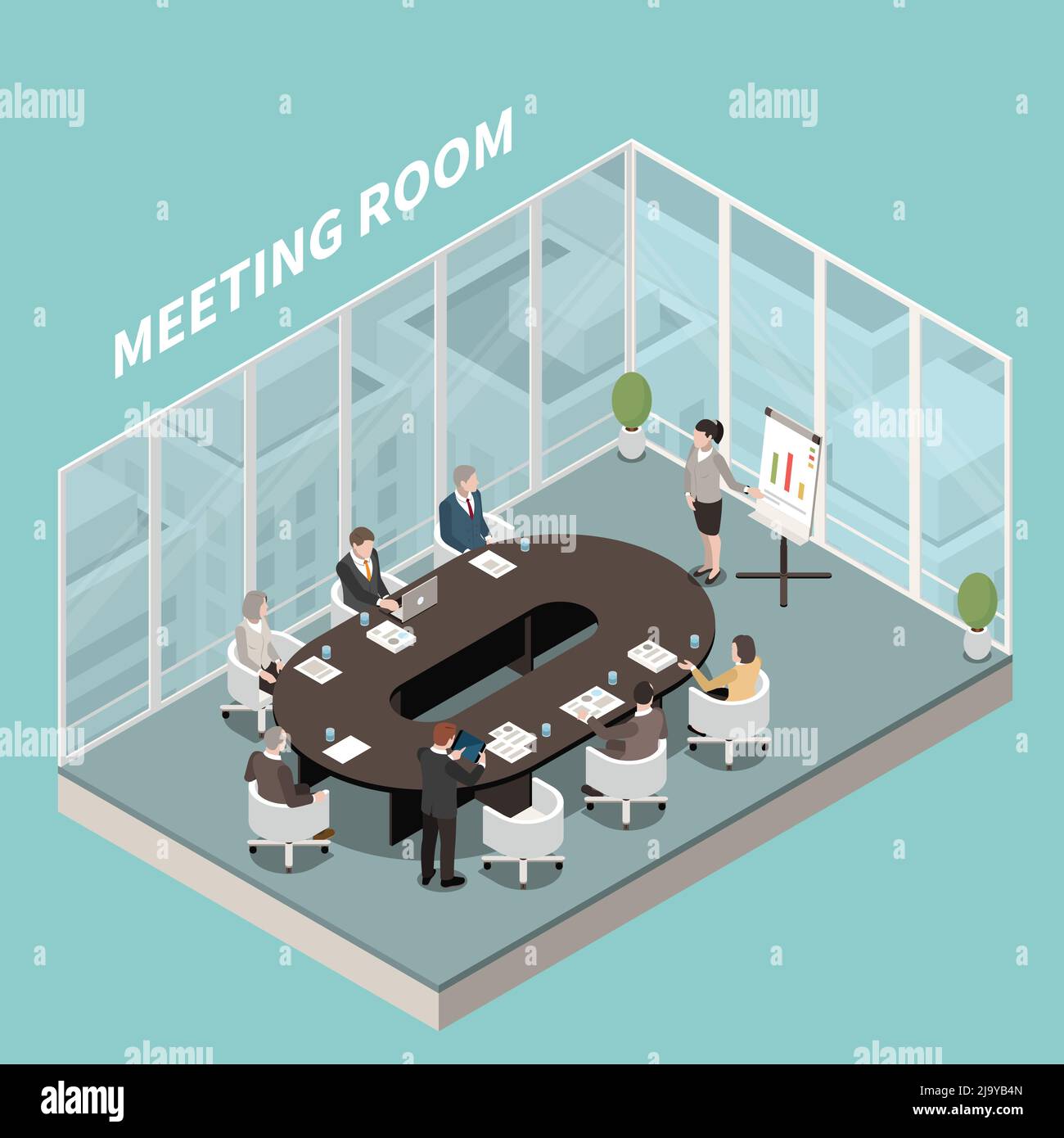 Sala riunioni presentazione aziendale Vista isometrica degli interni dei partecipanti al tavolo ovale con pareti in vetro, illustrazione vettoriale Illustrazione Vettoriale