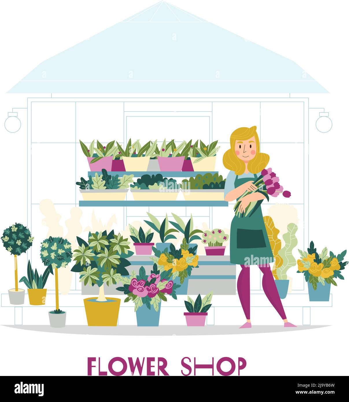 Composizione del negozio di fiori del venditore fiorista con vista del chiosco con fiori sugli scaffali e illustrazione vettoriale di carattere femminile Illustrazione Vettoriale