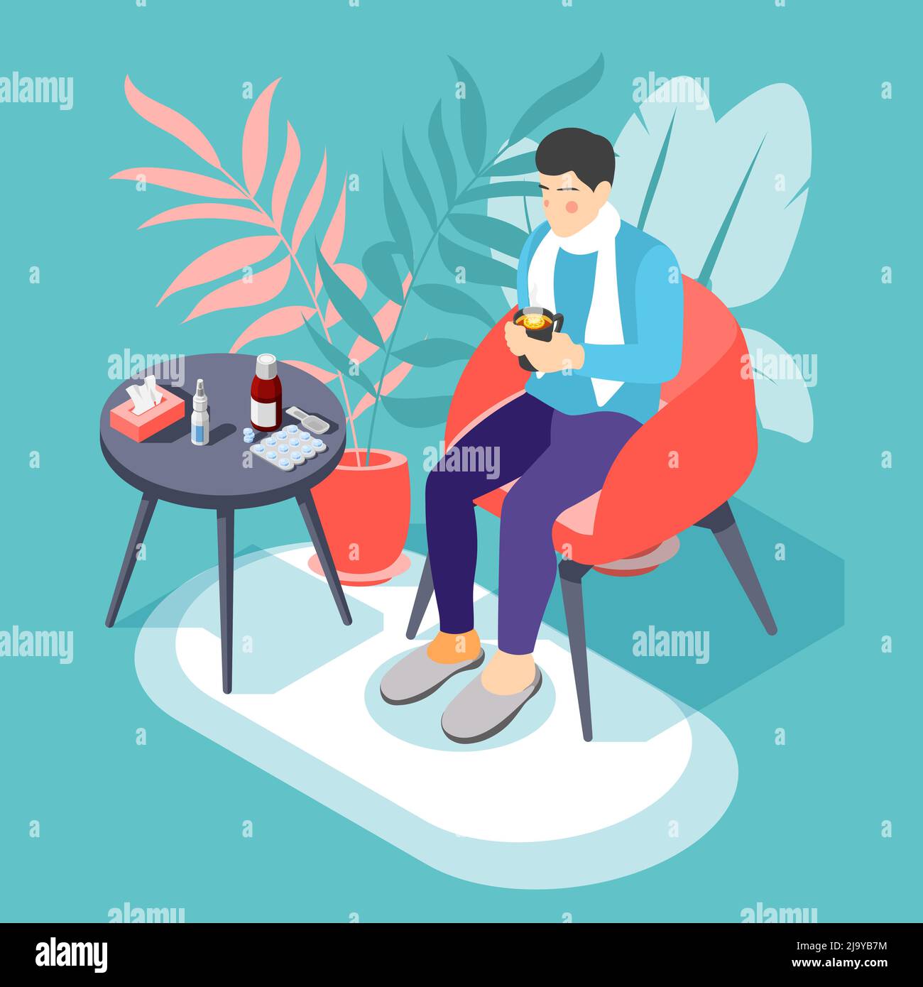 Malato con influenza freddo mal di gola seduta in poltrona con bevanda calda illustrazione vettoriale isometrica di sfondo Illustrazione Vettoriale