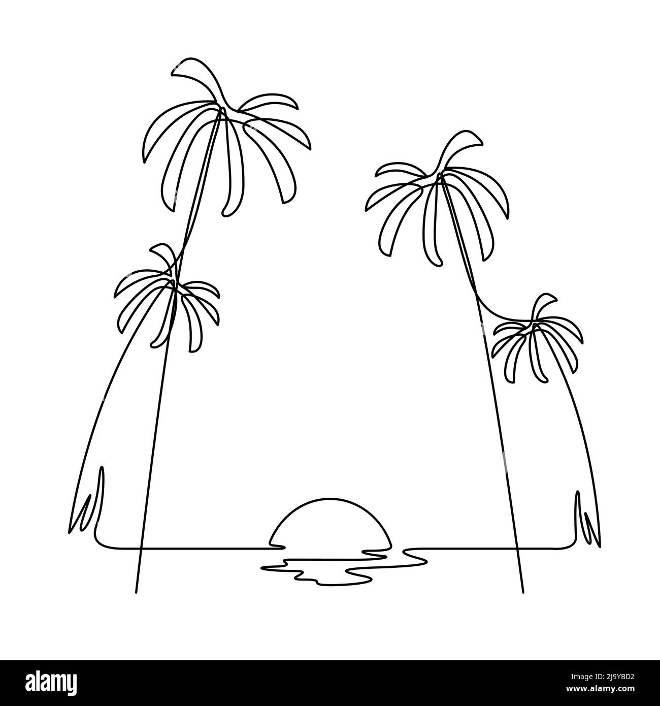 Disegno a una linea di fronte al mare vista al tramonto. Vettore lineare continuo e di contorno. Illustrazione Vettoriale