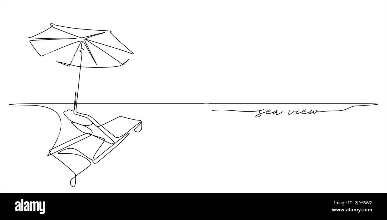 lettino prendisole e ombrellone spiaggia vacanze concetto estate linea illustrazione d'arte con 'vista mare' testo come un'onda d'acqua. Linea continua che disegna un Illustrazione Vettoriale