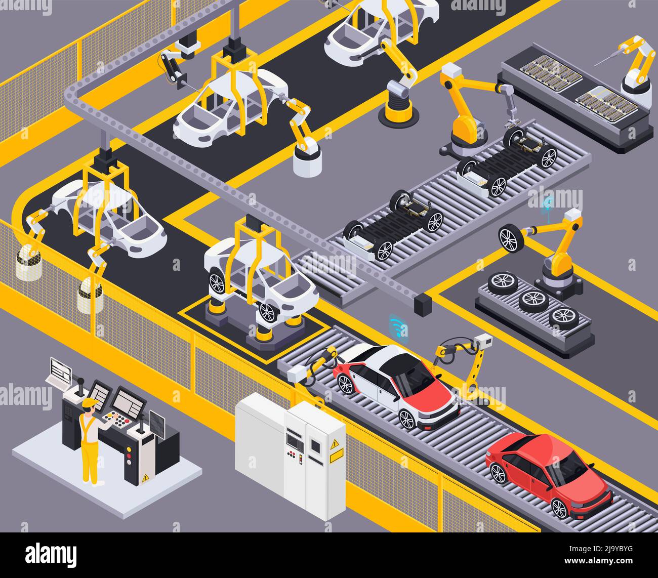 Linea di produzione di veicoli elettrici assemblaggio e verniciatura robotizzati telecomandati illustrazione vettoriale della composizione isometrica dell'elemento del sistema di trasporto Illustrazione Vettoriale