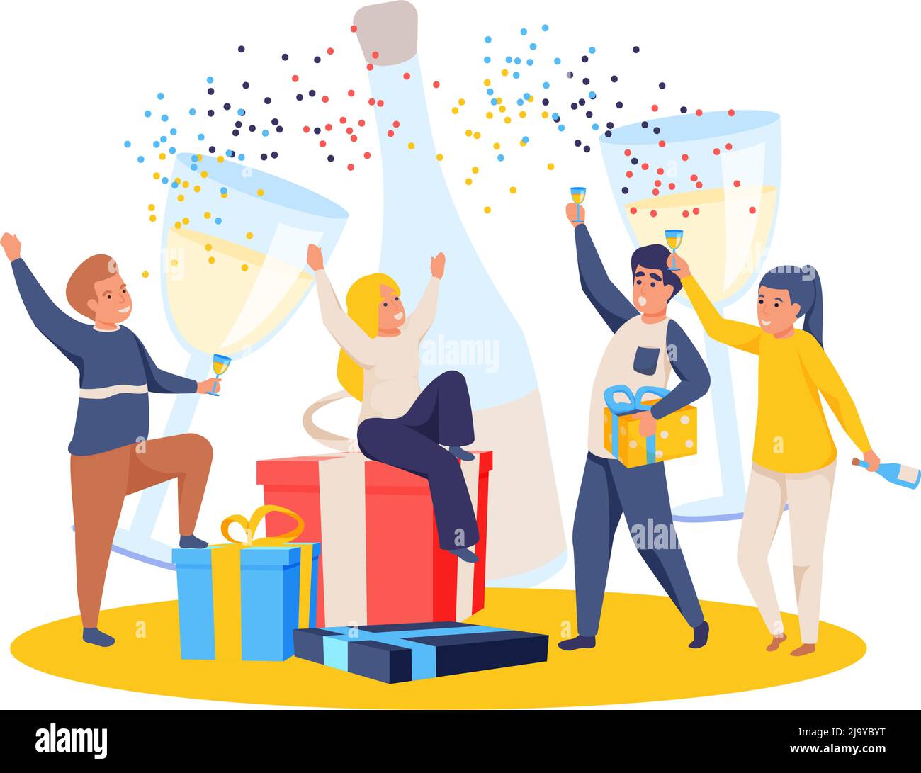 Felice celebrazione persone composizione con personaggi di amici di festa con confetti e bicchieri da champagne illustrazione vettoriale Illustrazione Vettoriale