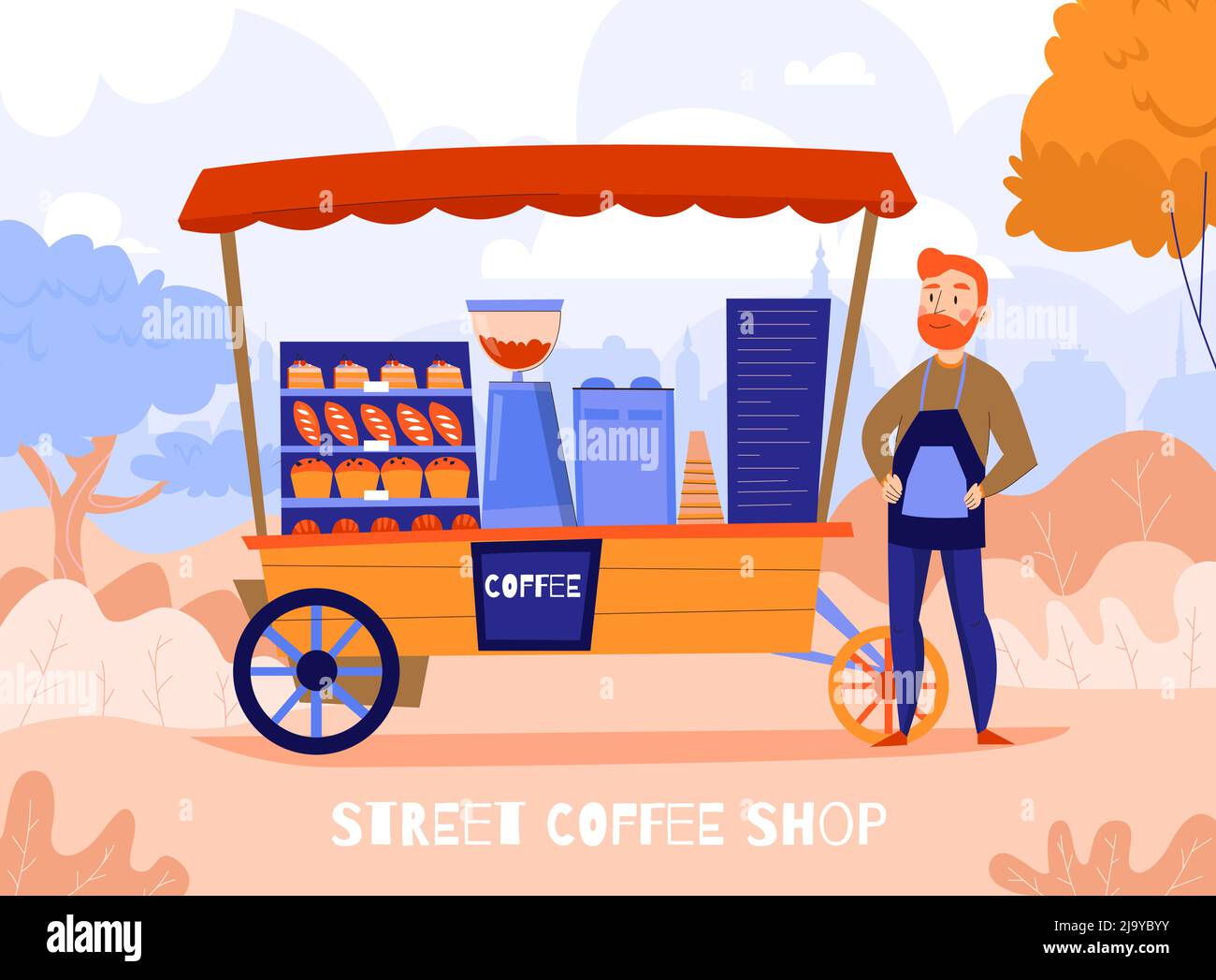 Composizione di caffè di venditori con paesaggio esterno dell'autunno e unità mobile con macchina da caffè e illustrazione vettoriale dei caratteri del barista Illustrazione Vettoriale